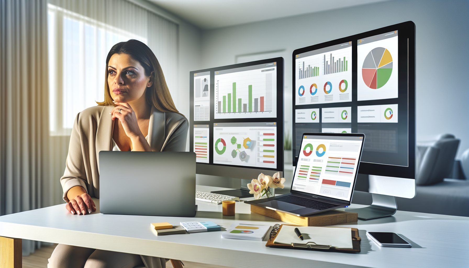 A business owner analyzes SaaS platforms on multiple screens in a modern office.