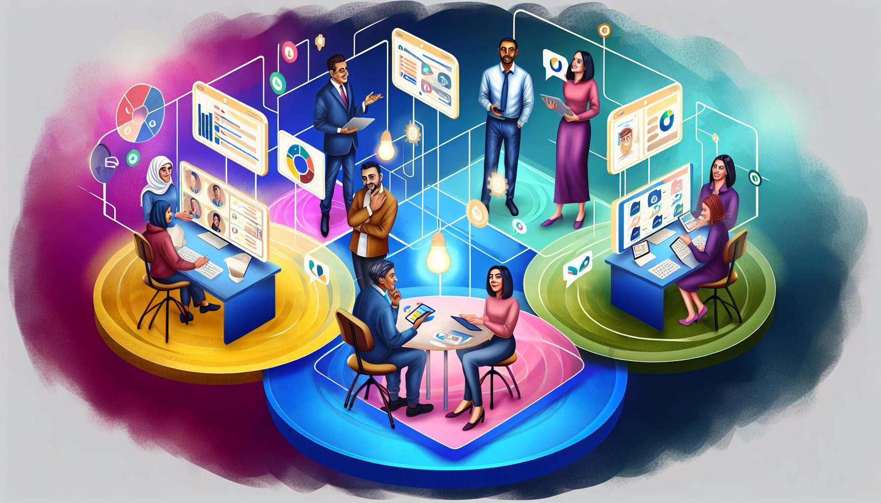 A digital painting of a team collaborating around Asana, ClickUp, and Monday.com workspaces.