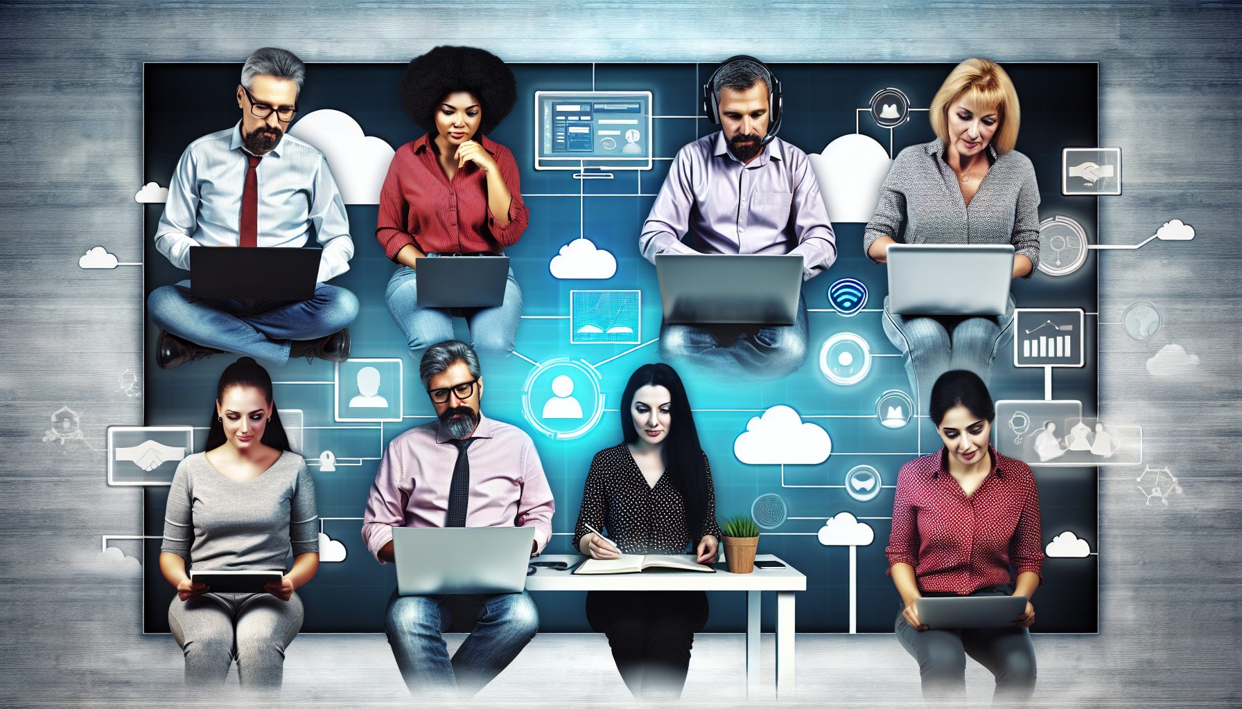 A diverse team collaborates remotely using laptops and tablets, with visuals of SaaS tools and connectivity.