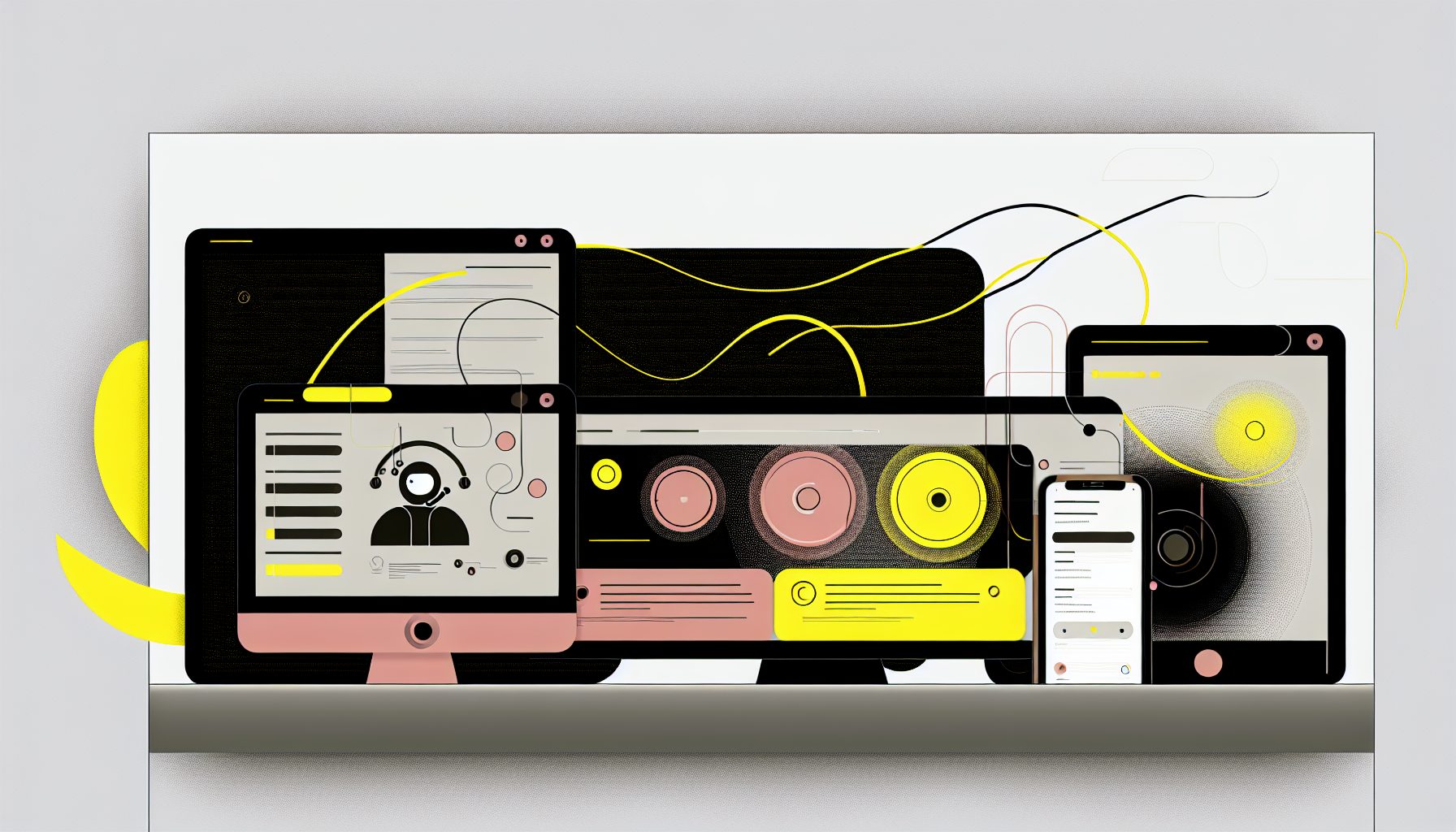 Minimalist illustration of three customer support platforms on modern screens with unique interfaces.
