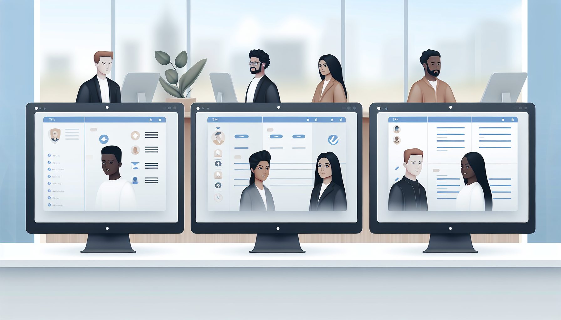 Minimalist illustration of Asana, Trello, and Monday.com with diverse team members collaborating.