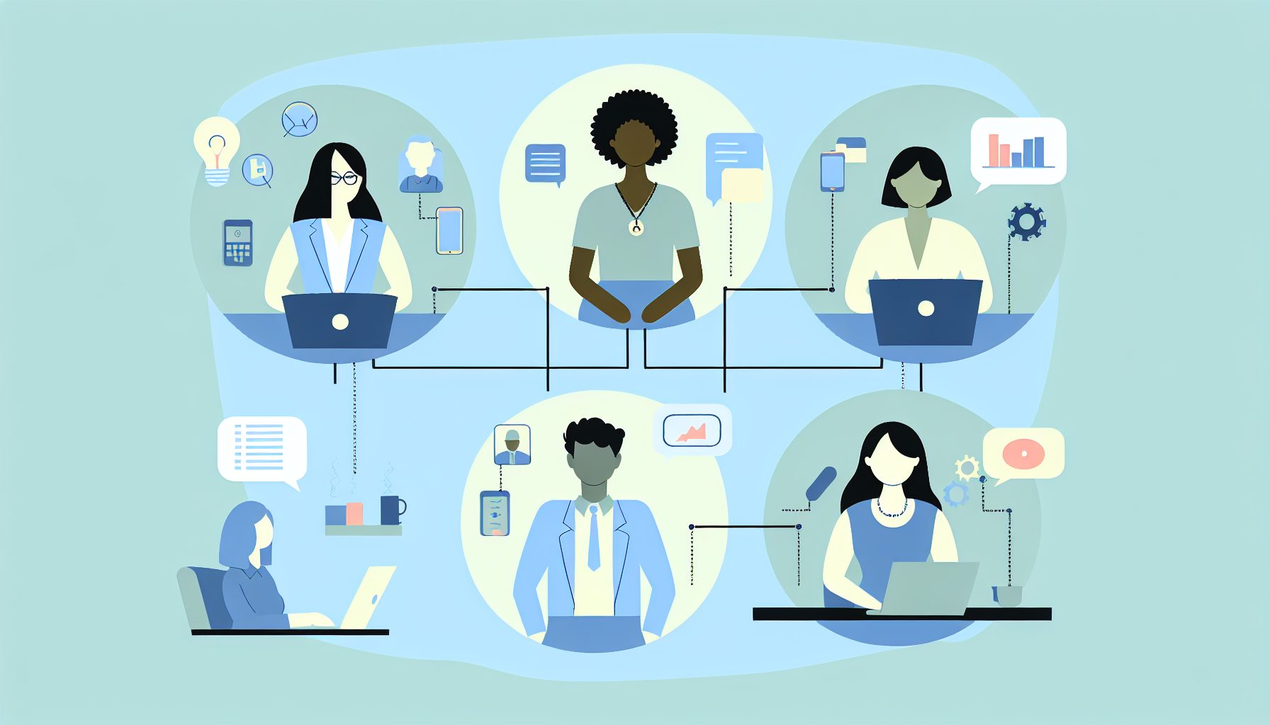 Diverse remote workers collaborating through digital tools in a minimalist vector illustration.