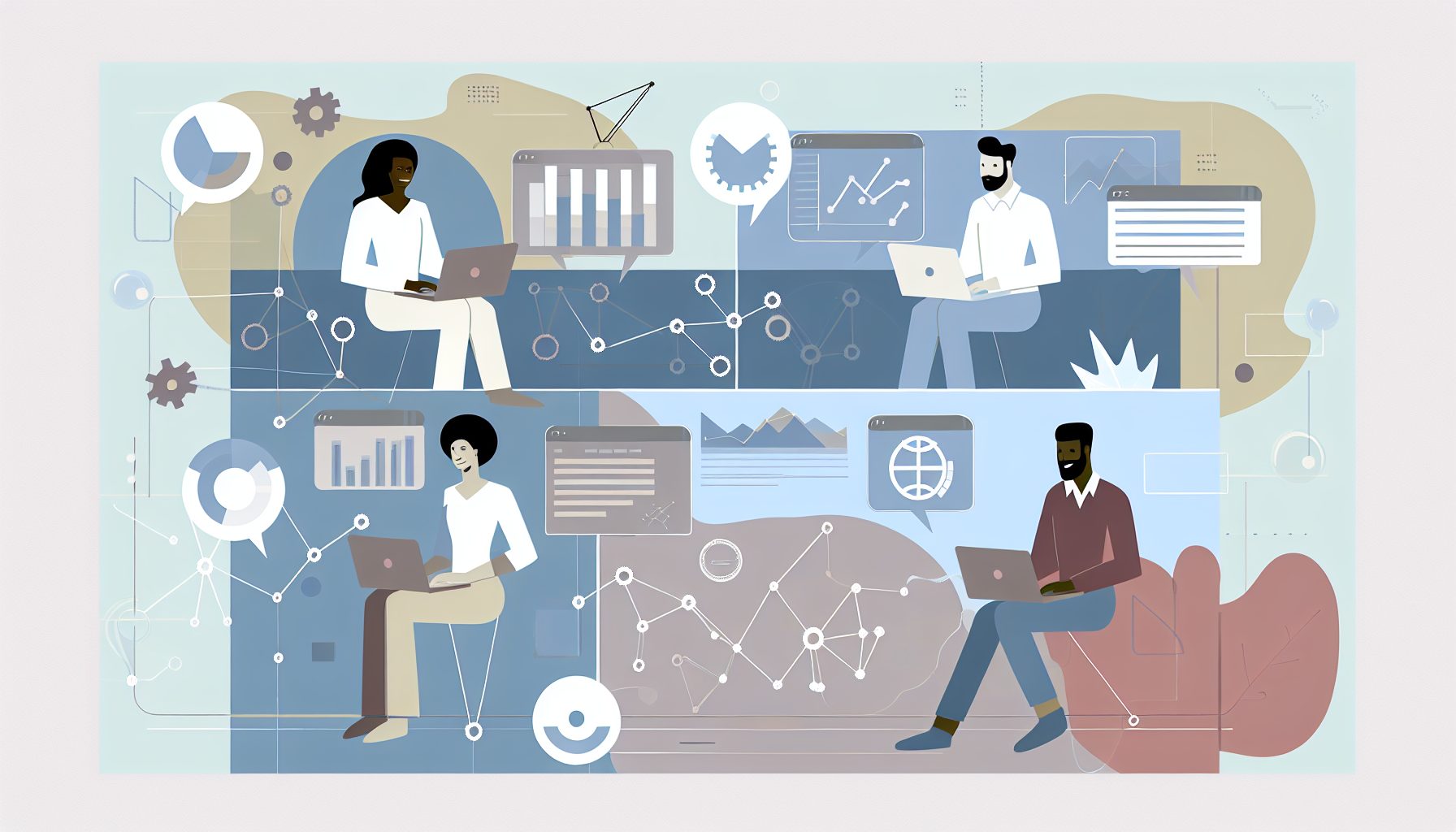 Diverse remote team collaborating on project management with digital devices and charts.