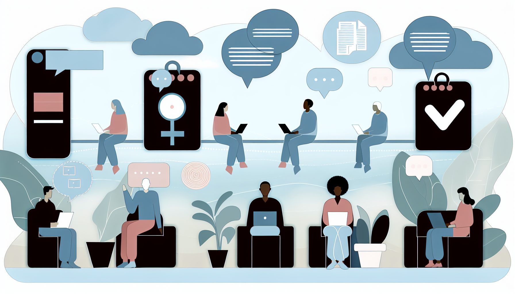 Abstract representation of diverse people collaborating in a minimalist remote work environment.