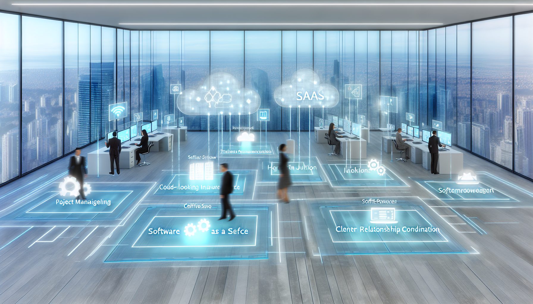 Futuristic office with diverse professionals using transparent screens and cloud software, city skyline visible.