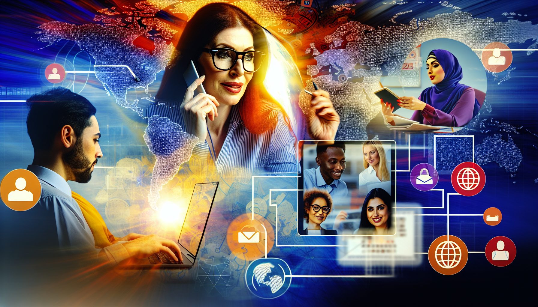Diverse remote workers collaborating on a project with digital devices and global connectivity elements.