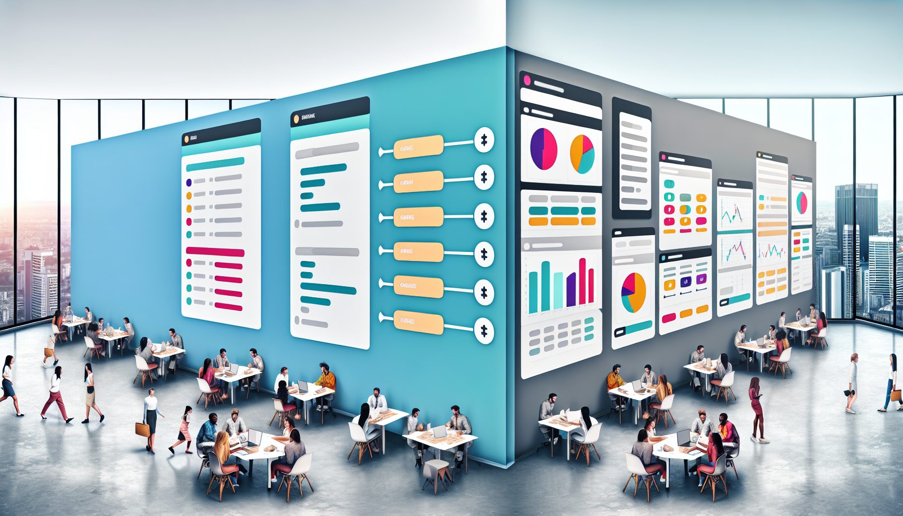 Vibrant workspace split between Asana's clean interface and Monday.com's dynamic dashboard.
