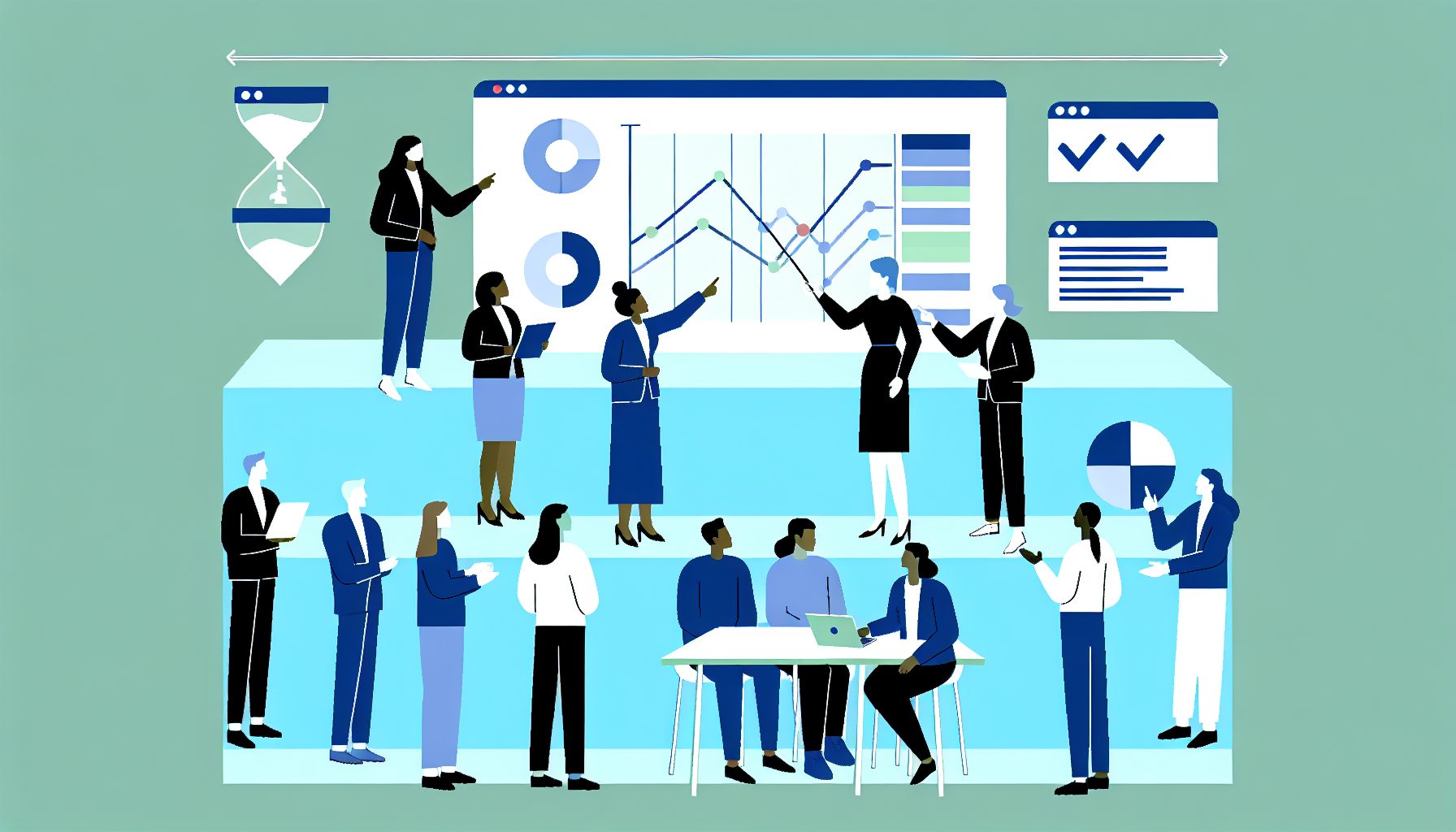 Diverse professionals discuss a project management tool with a timeline and task lists on screen.