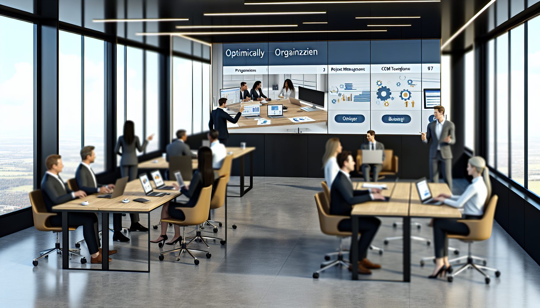Diverse professionals collaborate in a modern workspace, discussing ideas around a digital screen.