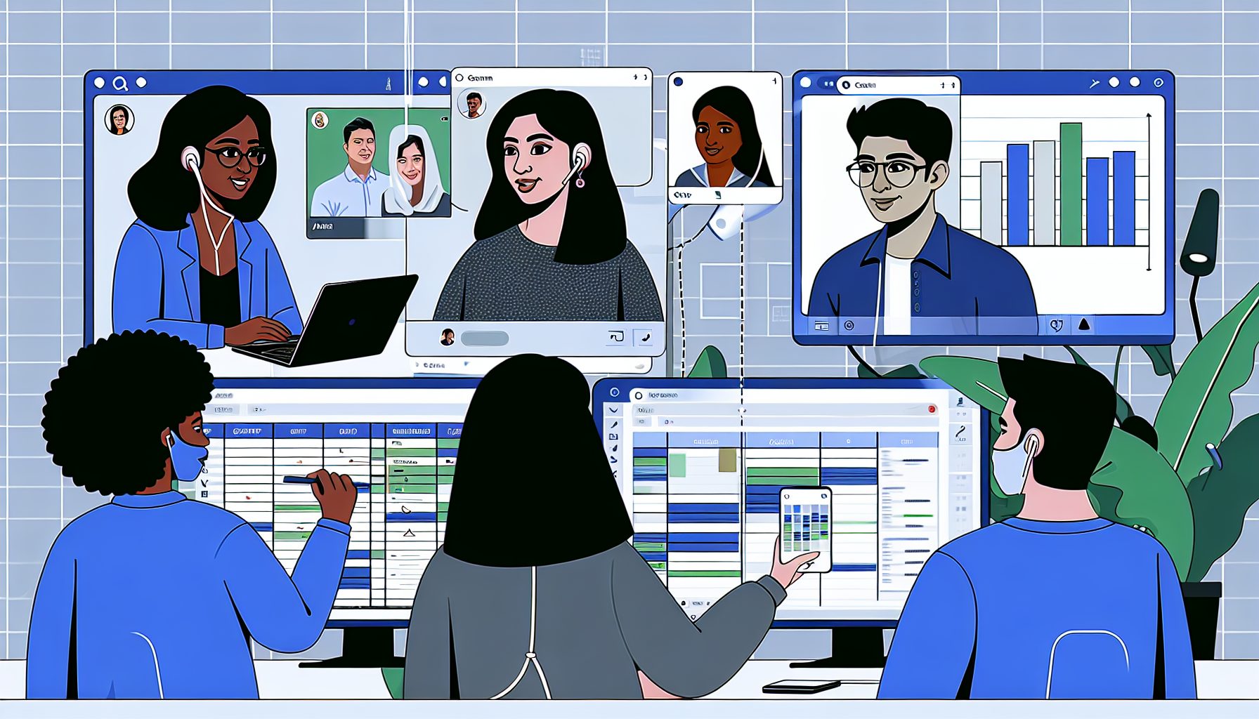 Diverse remote team collaborating on project management tools via screens and video calls.
