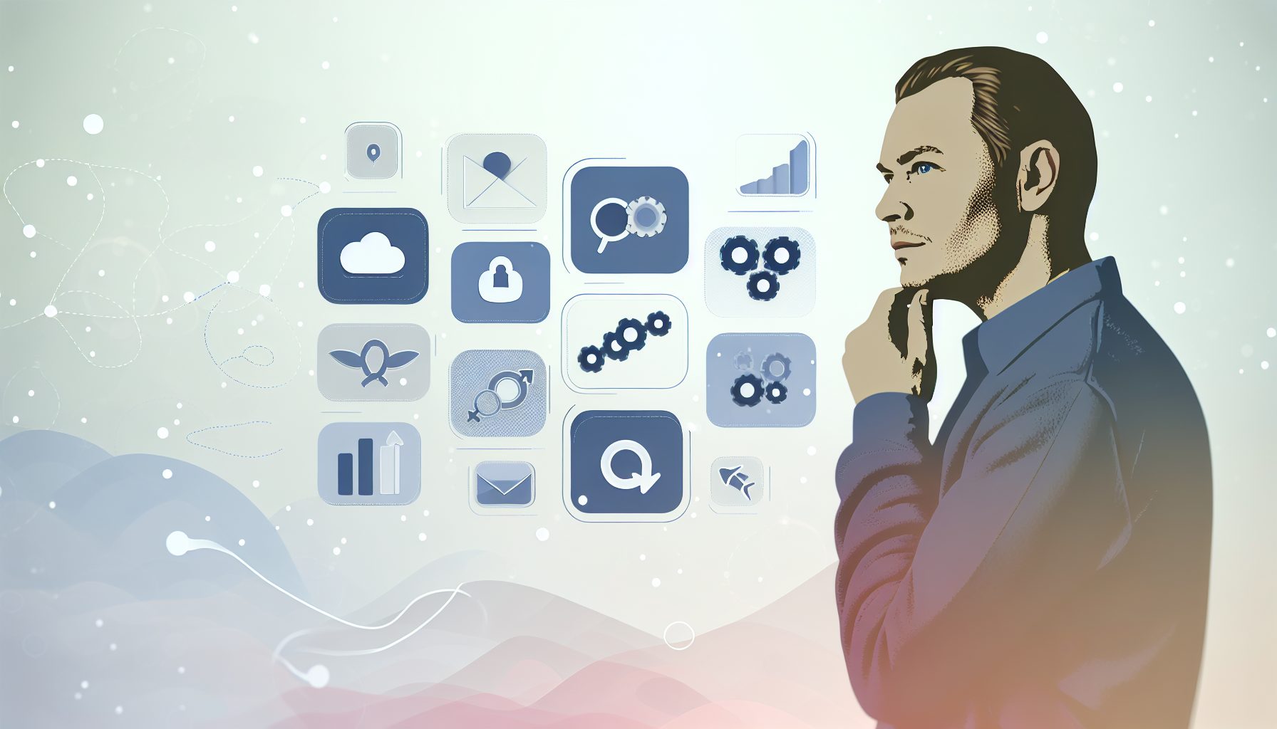 Small business owner analyzing various SaaS icons in a minimalist vector illustration.