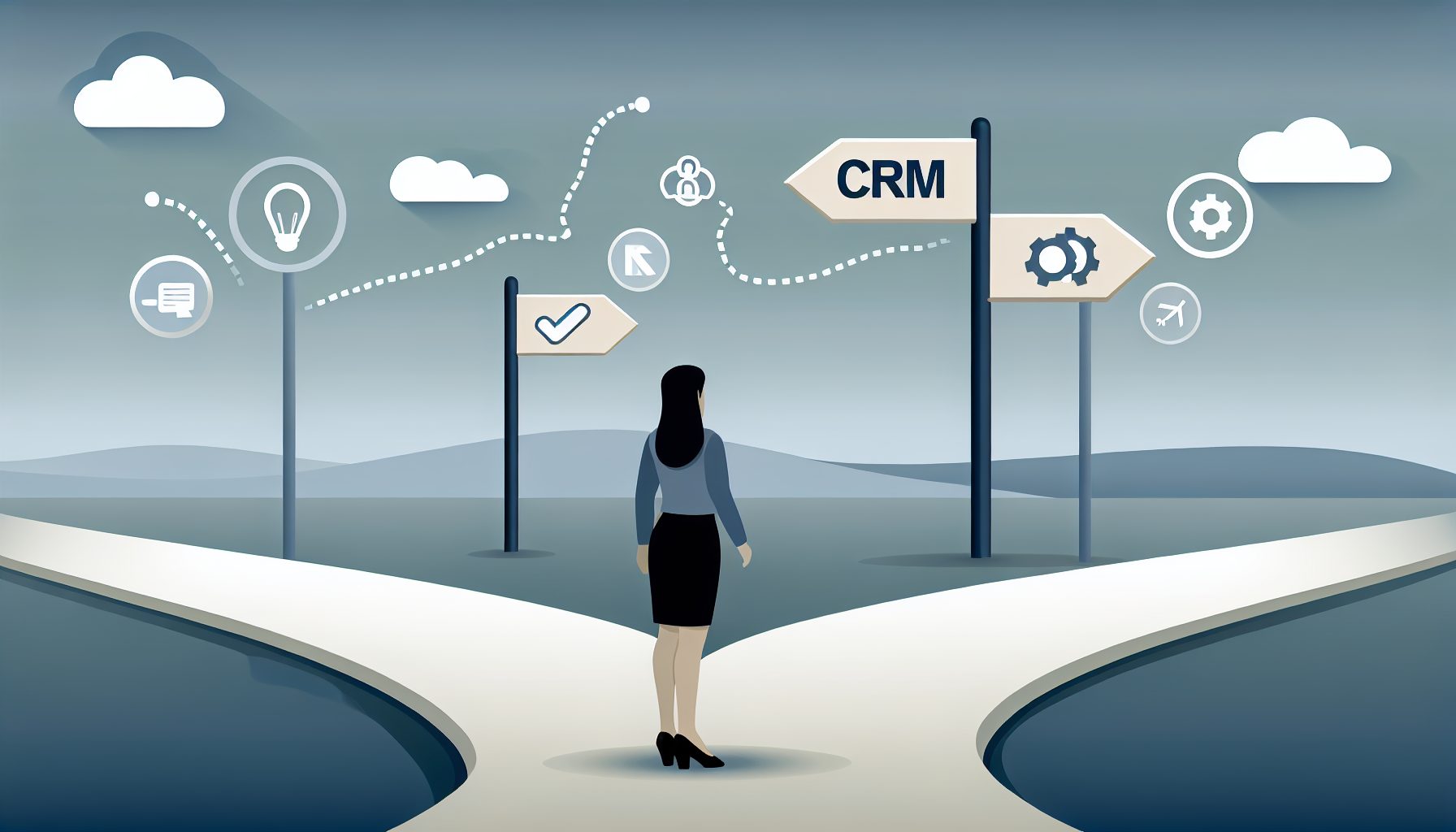 Illustration of a business owner at a crossroads choosing between HubSpot, Zoho CRM, and Freshsales.