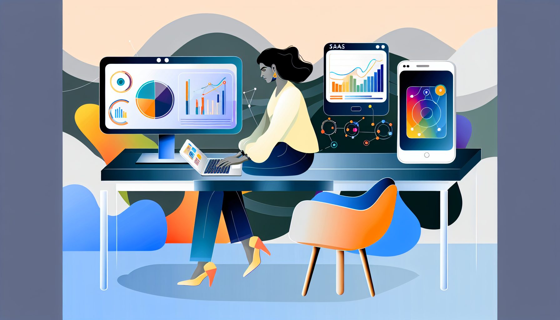 Minimalist illustration of a business owner at a modern desk with tech devices and data flow.